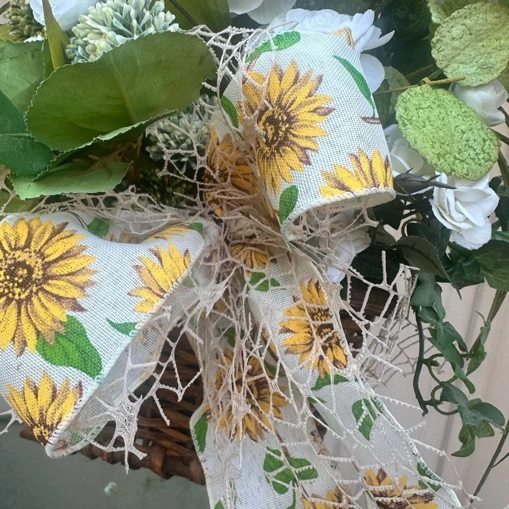 Farmhouse handmade White and Green Faux Floral Arrangement wicker basket